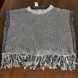 Lou & Grey Navy And Ivory Chunky Fringe Poncho Shirt